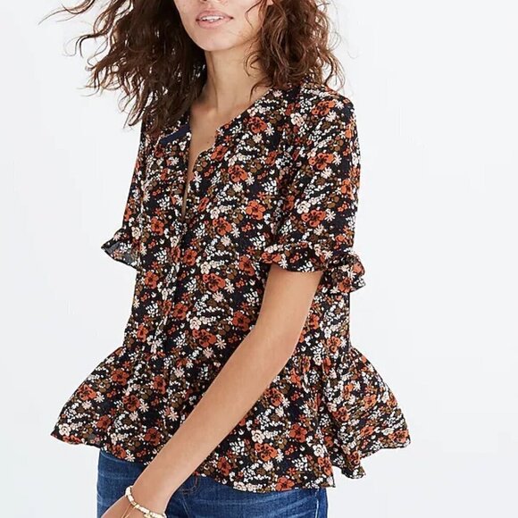 Madewell Silk Studio Ruffle-Hem Top Prairie Blossoms in Woodland Warm Nutmeg XS - Picture 2 of 14